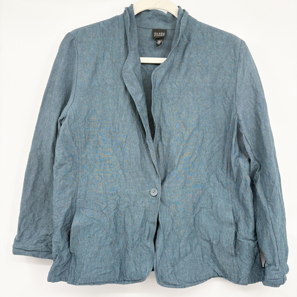 Eileen Fisher Womens Blue Linen Blend Lagenlook Minimalist Lightweight Blazer M